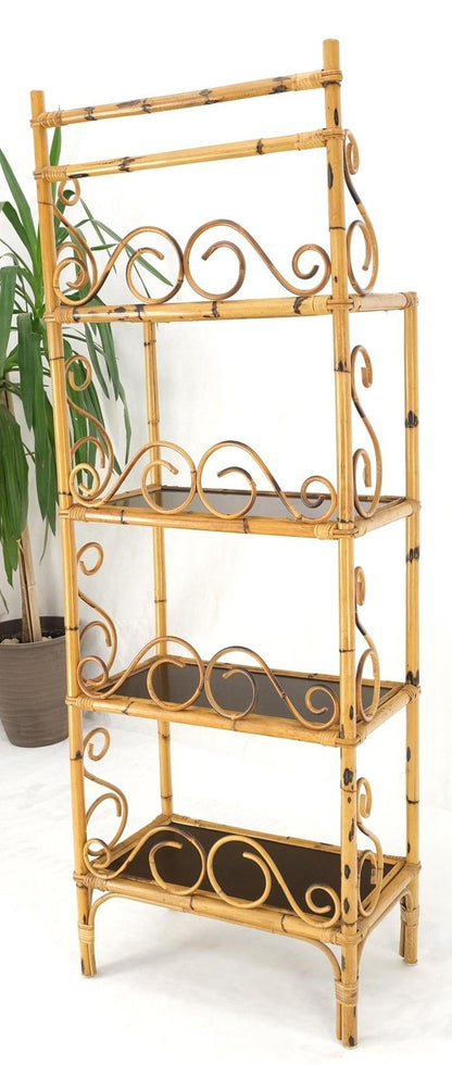 Rattan Burned Bamboo Decorative Scrolls 4 Tier Shelf Bookcase Etagere 1970s Mint