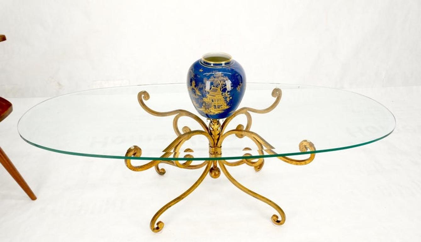 Oval Glass Gold Gilt Wrought Iron Metal Base Hollywood Regency Coffee Table