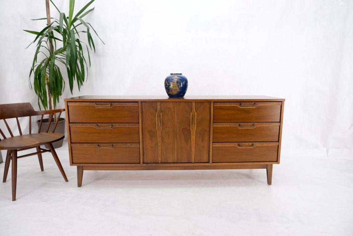 Long Walnut 9 Drawers Two Doors Mid-Century Modern Dresser Credenza Burl Accents