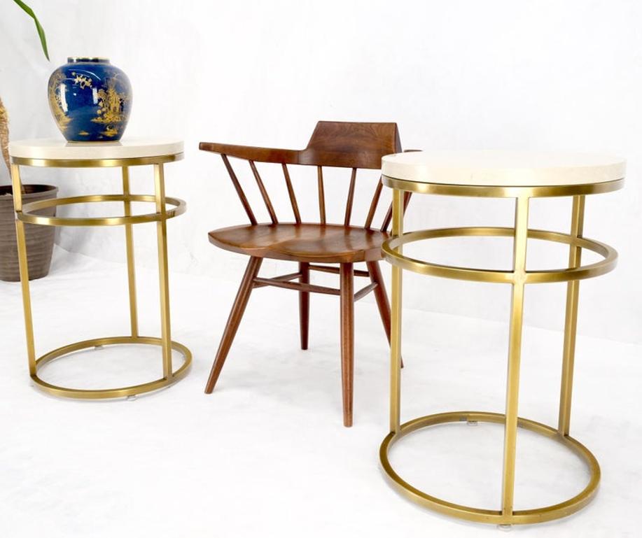 Pair of Round Marble Stone Top Square Brass Profile Base End Side Tables Stands