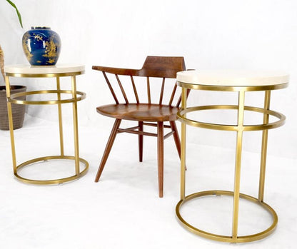 Pair of Round Marble Stone Top Square Brass Profile Base End Side Tables Stands