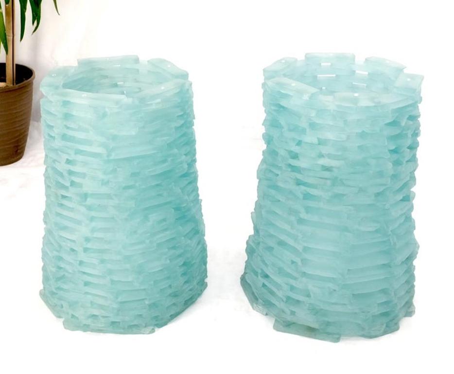 Pair of Fused Glass Blocks Pedestal Bases Rounded Square Tops Dining Game Table