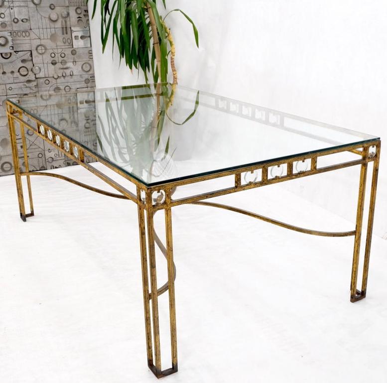 Large Gold Gilt Iron Base Glass Top Cut Glass Inserts Finial Dining Table