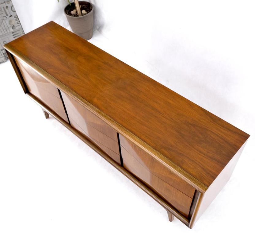 Mid-Century Modern Sculpted Walnut 9 Diamond Front Drawers Dresser Mint