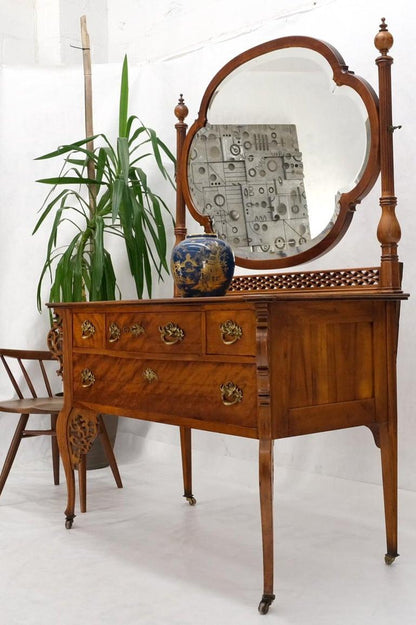 Antique Carved 4 Drawers Dresser w/ Large Beveled Swivel Clove Shape Mirror