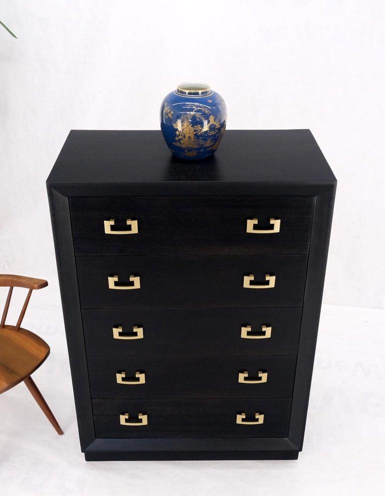Ebonized Black Lacquer Mahogany Tall 5 Drawers Dresser Gold Bracket Pulls MNT