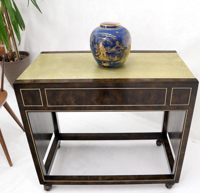 Drop Leaf Textured Brass Top Burl Wood Rolling Serving Cart Bar by Mastercraft