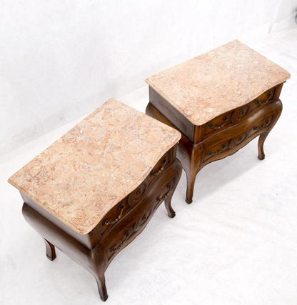 Pair Custom Bombe Shape Marble Top Brass Drop Pulls 2 Drawer Nightstands Tables