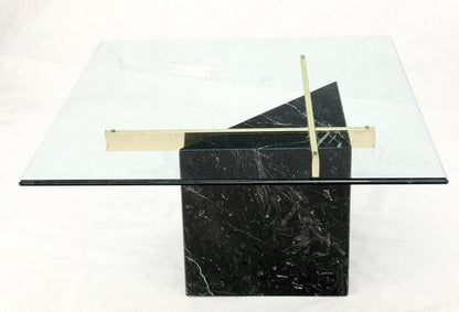 Black Cube Shape Marble Base Brass Stretchers Square Glass Top Coffee Table