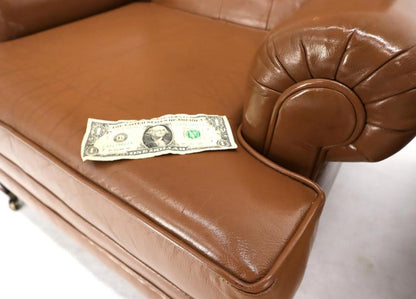 Pair of Chesterfield Style Leather Chairs W/ Ottomans Brown to Tan