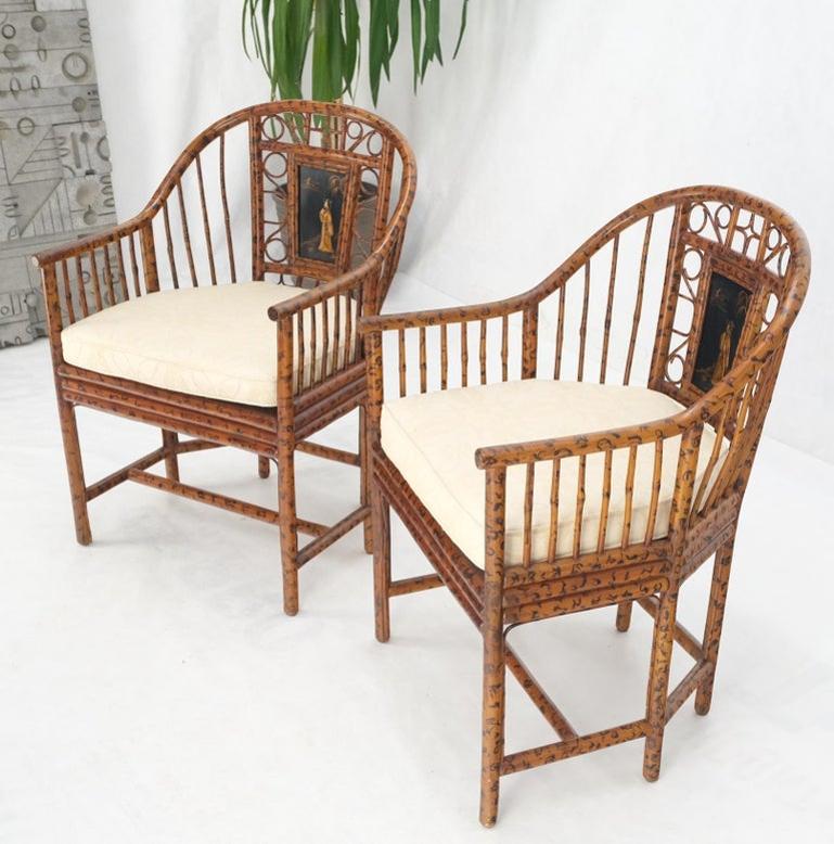 Pair Burnt Bamboo Asian Motive Plaque Decorated Lounge Fireside Chairs Cane Seat