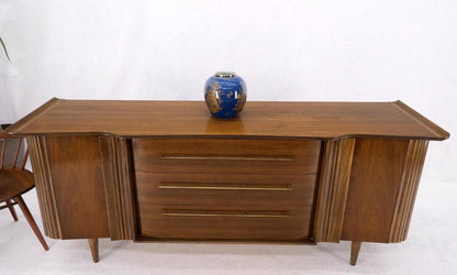 American Walnut long Dresser w/ Rolled Edges Curved Front Dresser Brass Pulls