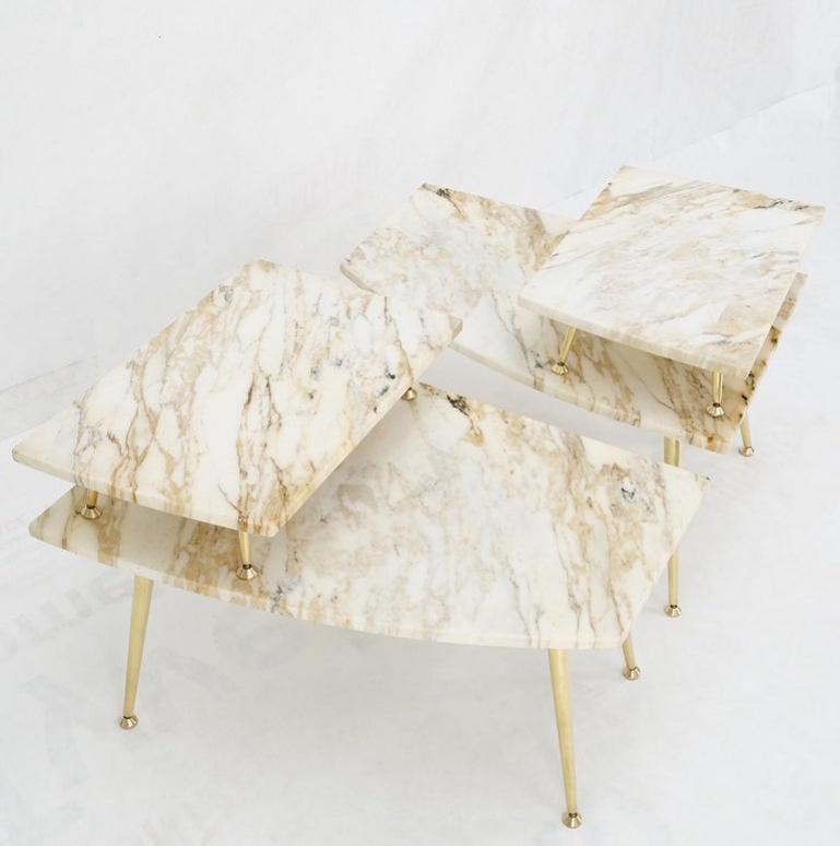 Pair of Asymmetrical Wedge Two Tier Marble Top Tapered Brass Legs Side End Table