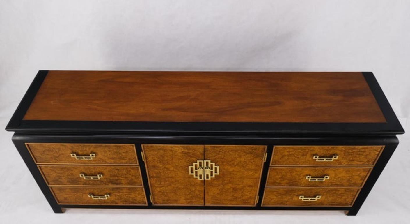 Burl Wood Black Ebonized Border 9 Drawers Long Dresser Credenza Brass Pulls Mint