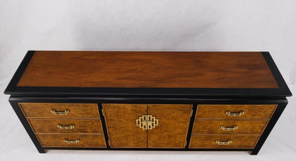 Burl Wood Black Ebonized Border 9 Drawers Long Dresser Credenza Brass Pulls Mint