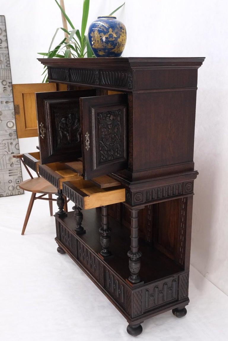 Carved Oak Jacobean Style 3 Doors Drawers Server Credenza Cabinet Cupboard Mint