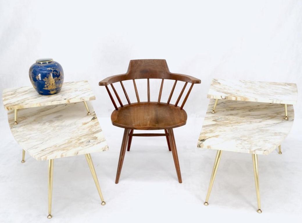 Pair of Asymmetrical Wedge Two Tier Marble Top Tapered Brass Legs Side End Table