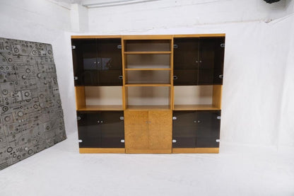 3 Bay Burl Walnut Smoked Glass Doors Cabinets Adjustable Shelves Wall Unit Mint