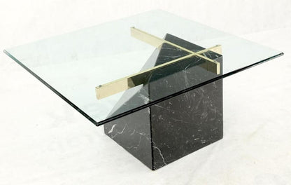 Black Cube Shape Marble Base Brass Stretchers Square Glass Top Coffee Table