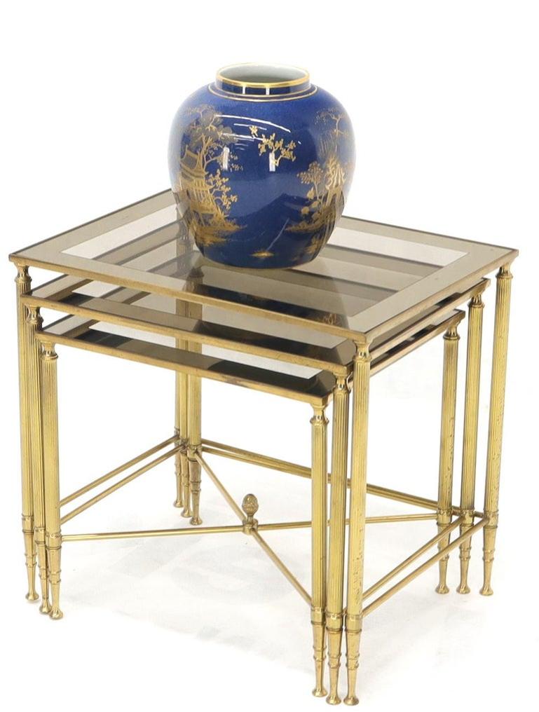 Set of 3 Brass Mirrored Border Glass Tops Nesting Stacking Tables