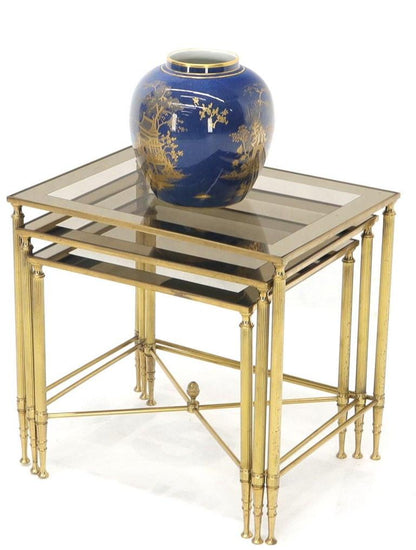 Set of 3 Brass Mirrored Border Glass Tops Nesting Stacking Tables