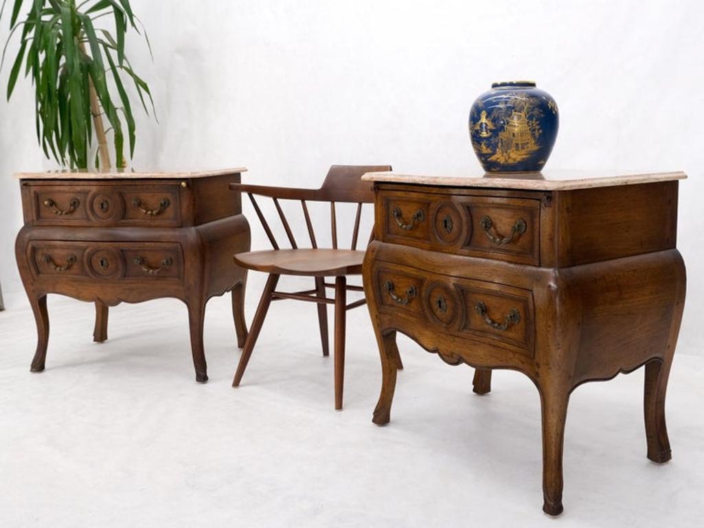 Pair Custom Bombe Shape Marble Top Brass Drop Pulls 2 Drawer Nightstands Tables