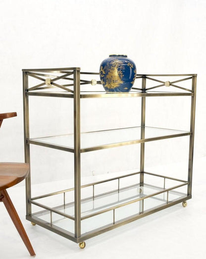 Brass Finish Glass Shelves 3 Tier Serving Bar Serving Cart W/ Gallery Mint!