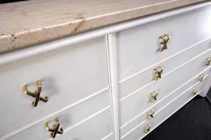 Paul Frankl for Johnson White Wash Marble Top 10 Drawers Dresser Brass x Pulls