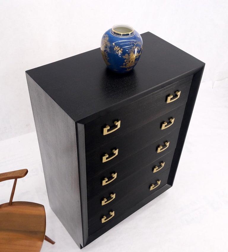 Ebonized Black Lacquer Mahogany Tall 5 Drawers Dresser Gold Bracket Pulls MNT