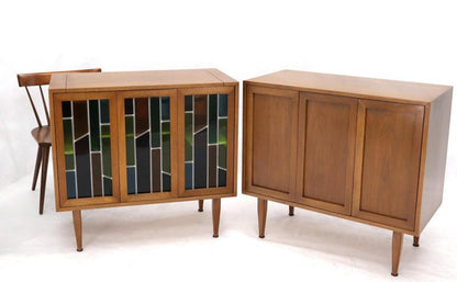 Pair of Two Non Matching Pair Walnut Liquor and Storage Cabinets Stained Glass
