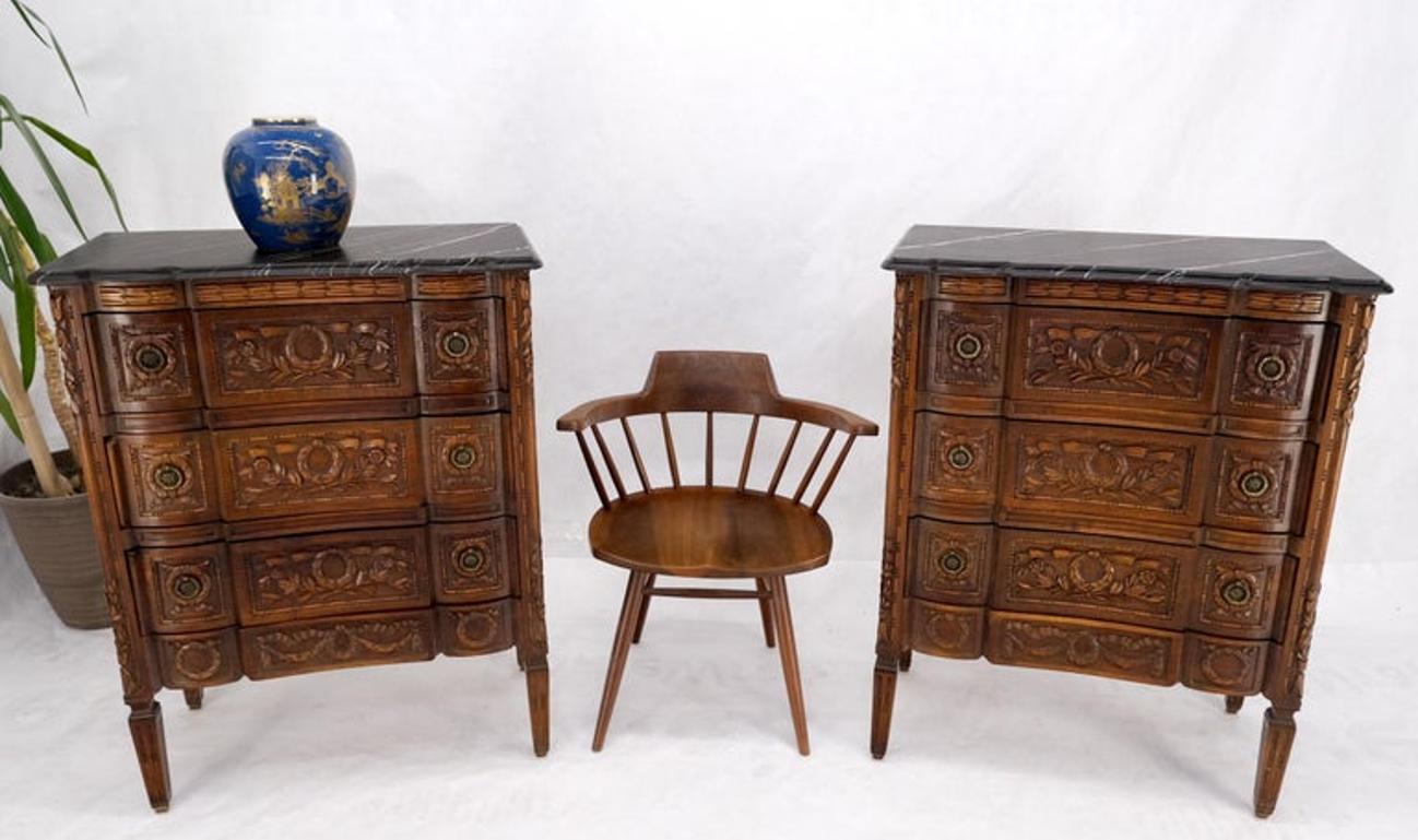 Pair Antique Marble Top Finely Carved 3 Drawers Brass Pulls Bachelor Chests MINT