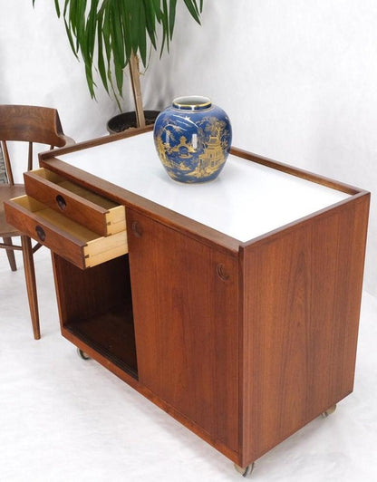 Teak Danish Modern Petit Serving Credenza on Wheels Bar Liquor Cabinet Dresser
