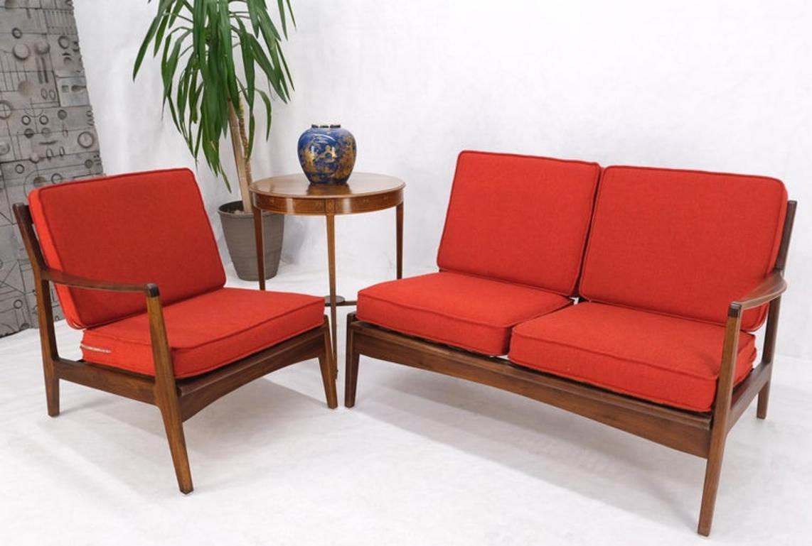 Danish Mid-Century Modern Walnut Lounge Chair Settee Loveseat Couch Sofa Set