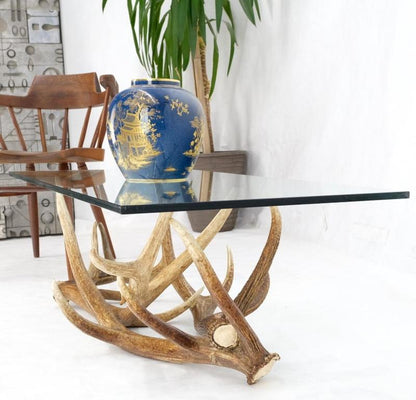 Antler Grouping Base Glass Rectangle Top Coffee Table Folk Art Mid Century Mod