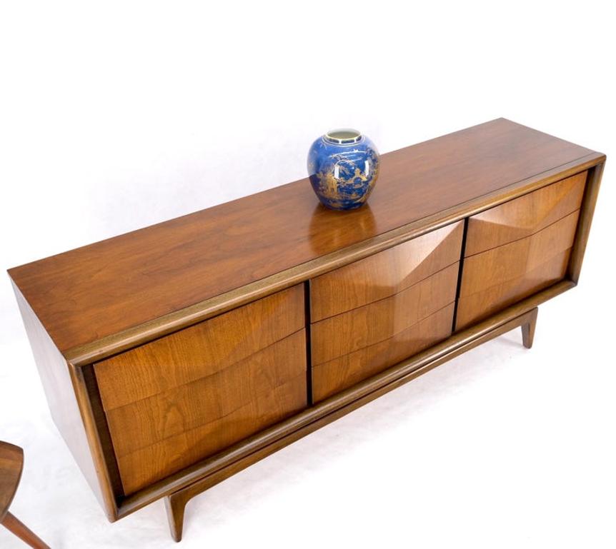 Mid-Century Modern Sculpted Walnut 9 Diamond Front Drawers Dresser Mint