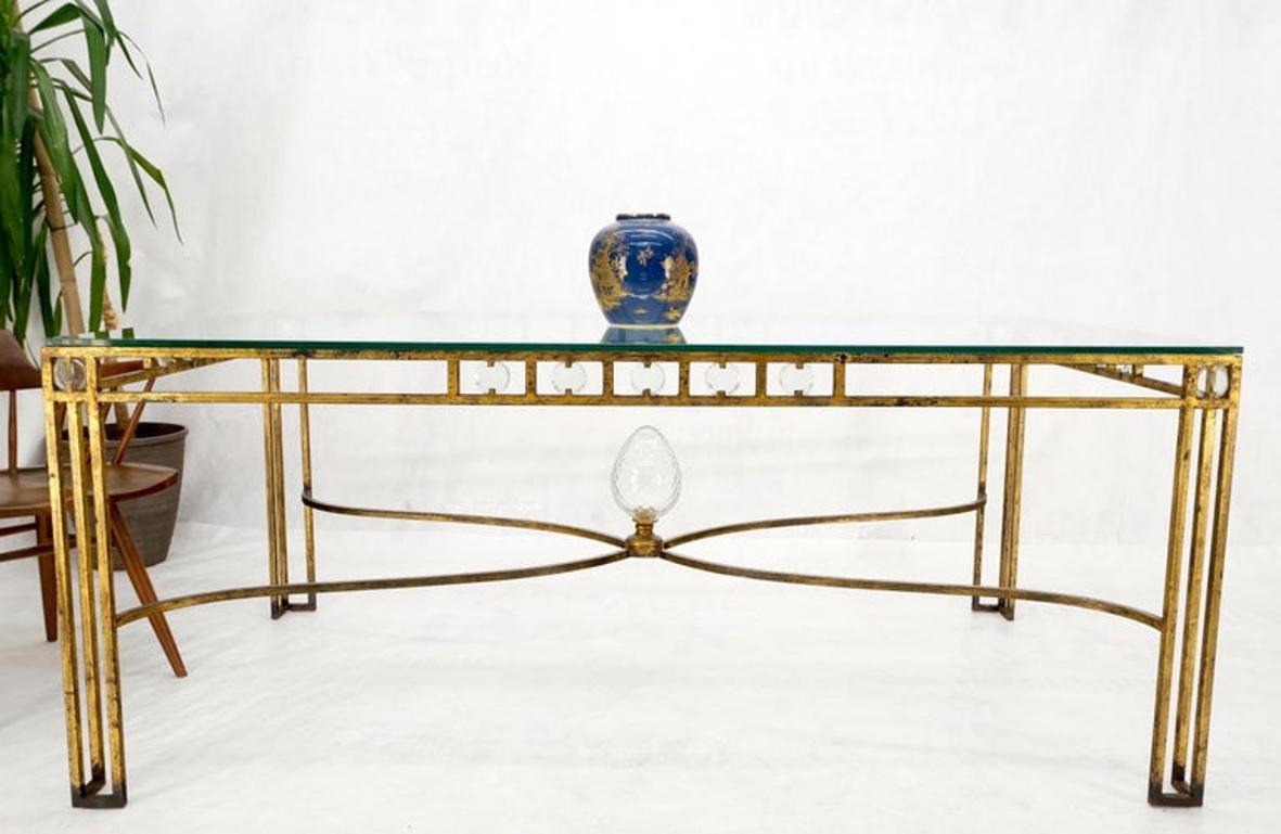 Large Gold Gilt Iron Base Glass Top Cut Glass Inserts Finial Dining Table