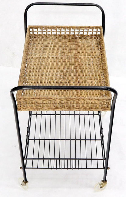 Wicker & Bent Steel Mid-Century Modern Serving Cart Side Table on Wheels