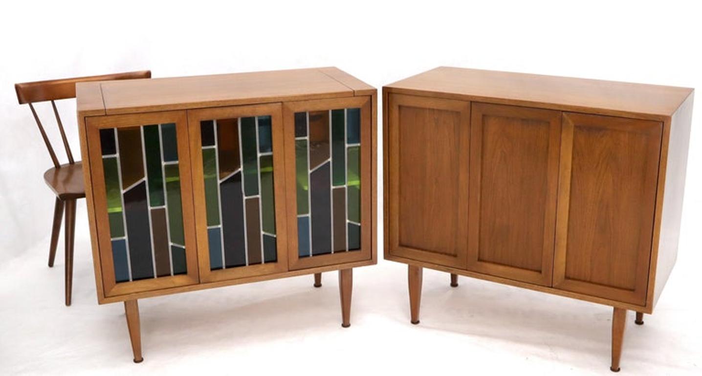 Pair of Two Non Matching Pair Walnut Liquor and Storage Cabinets Stained Glass