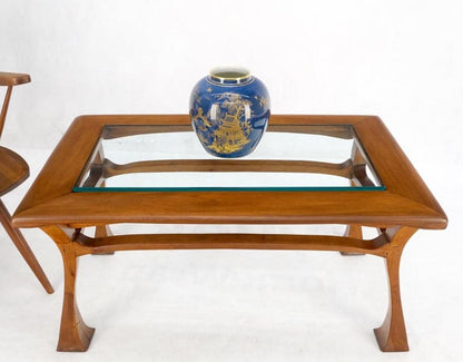 Art Nouveau Solid Carved Teak Unusual Rectangle Coffee Table Thick Glass Top