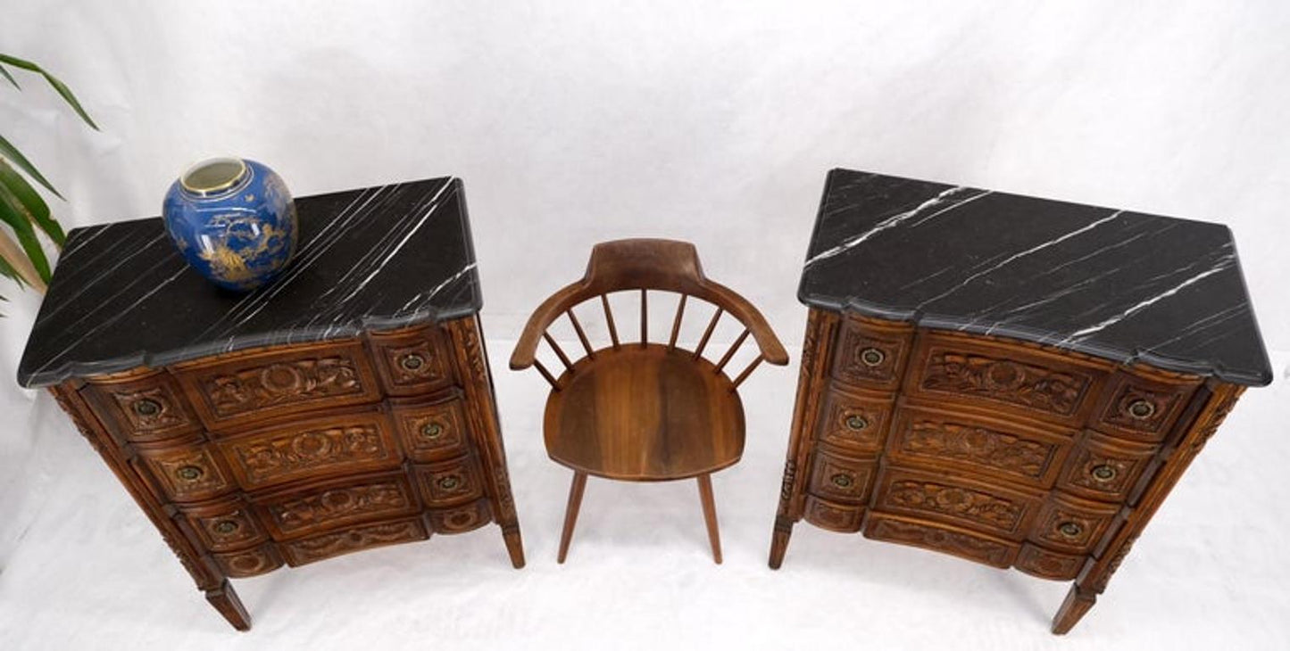 Pair Antique Marble Top Finely Carved 3 Drawers Brass Pulls Bachelor Chests MINT