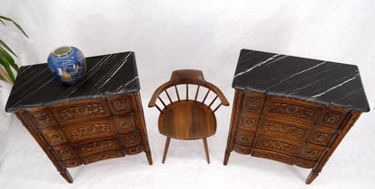Pair Antique Marble Top Finely Carved 3 Drawers Brass Pulls Bachelor Chests MINT