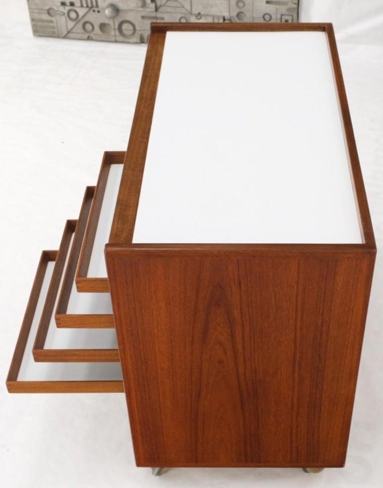 Teak Danish Modern Petit Serving Credenza on Wheels Bar Liquor Cabinet Dresser