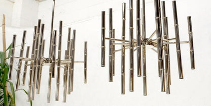 Pair of Large Faux Bamboo Chrome Pewter Chandeliers Light Fixtures