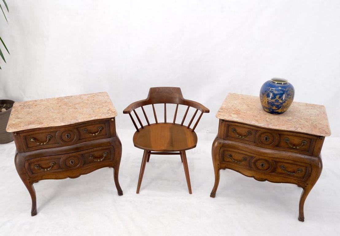 Pair Custom Bombe Shape Marble Top Brass Drop Pulls 2 Drawer Nightstands Tables