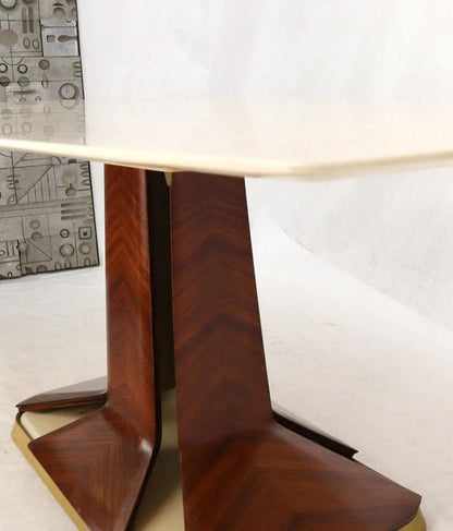 Boat Shape Light Beige Marble Top Bent Satinwood Base Art Deco Dining Table