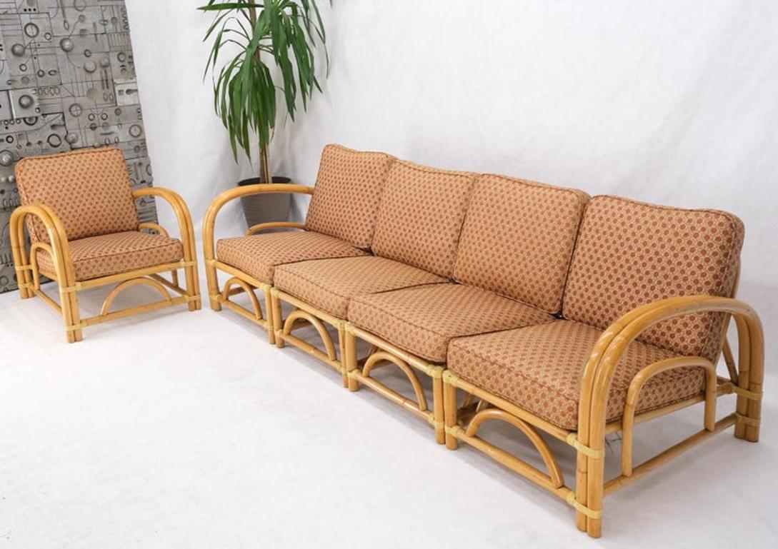 5 Pieces Set of Mid Century Rattan Bamboo Sectional Sofa & Arm Longe Chair Mint