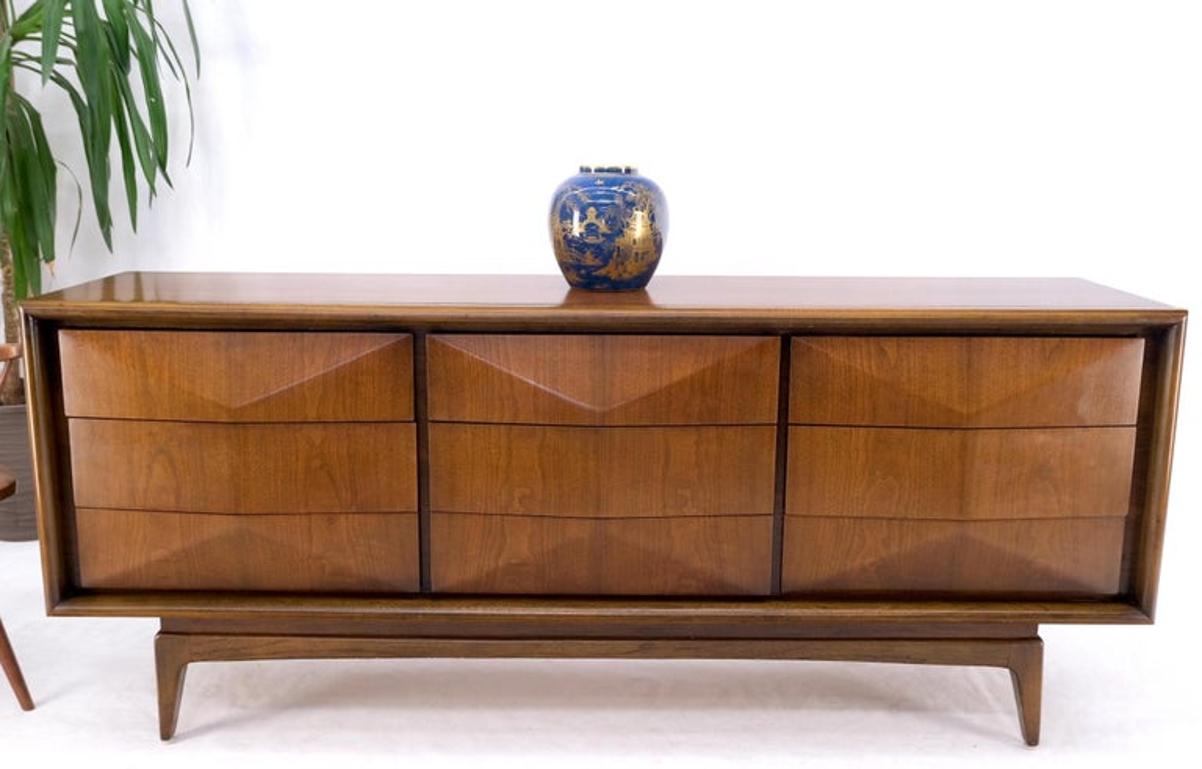 Mid-Century Modern Sculpted Walnut 9 Diamond Front Drawers Dresser Mint