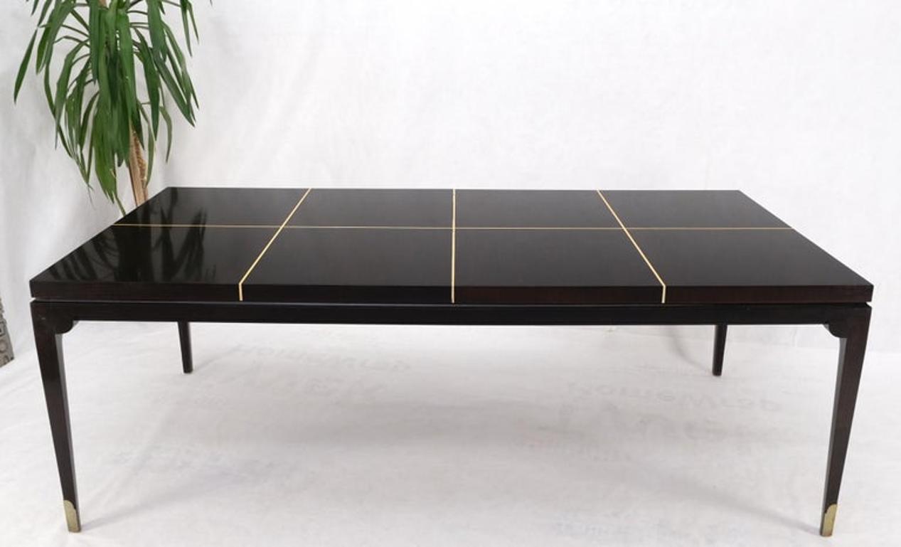 Large Tommi Parzinger Lacquered Mahogany Brass Feet Tapered Legs Dining Table