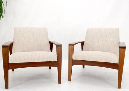 Pair Restored New Oatmeal Upholstery Teak Mid-Century Modern Lounge Arm Chairs