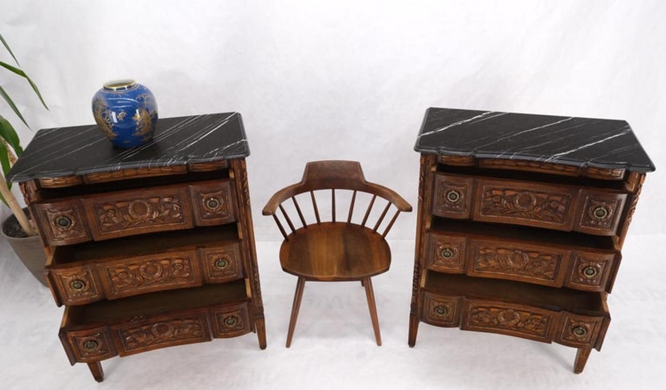 Pair Antique Marble Top Finely Carved 3 Drawers Brass Pulls Bachelor Chests MINT